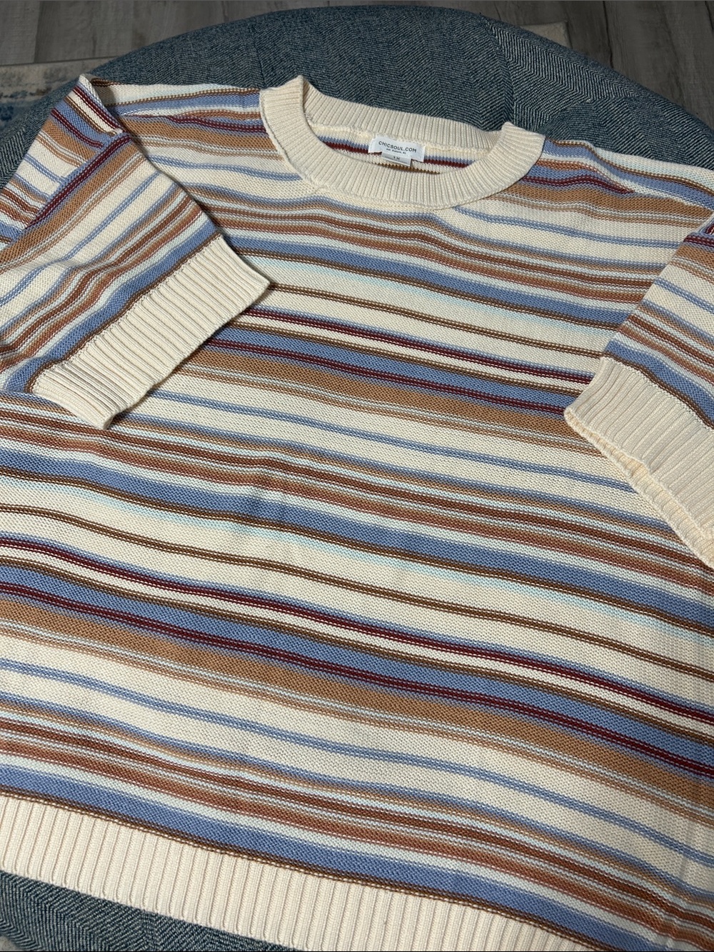 Chic Soul Striped Crewneck Sweater in Cream, Blue & Brown